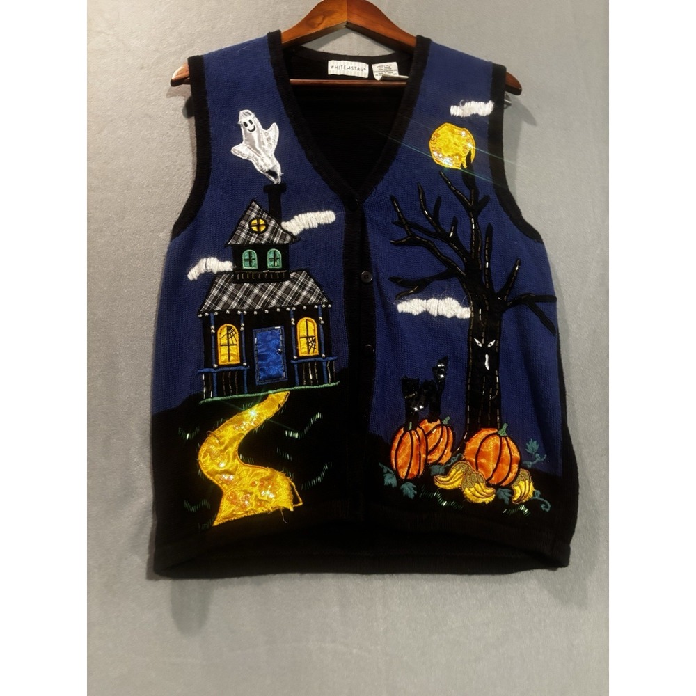 Vintage Halloween Sweater Vest Haunted House Ghost Black Cat Pumpkins Moon Lg